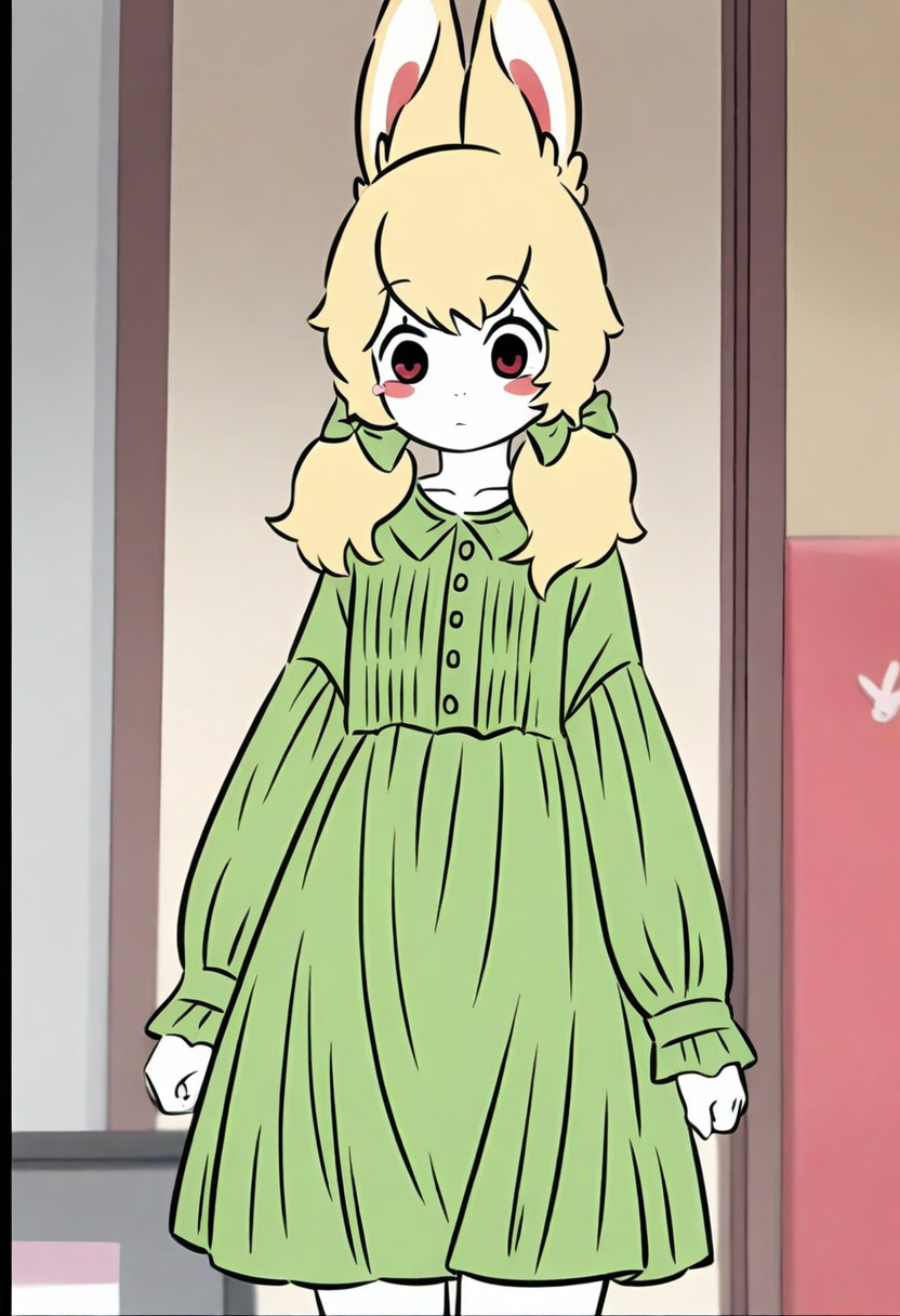 <lora:xiaoyu:1>,xiaoyu,1girl,solo,furry female,black eyes,red eyes,blonde hair,twintails,hair bow,animal ears,white skin,
green dress,dress,long sleeves,green bow,, masterpiece,best quality,amazing quality,absurdres, anime screenshot,