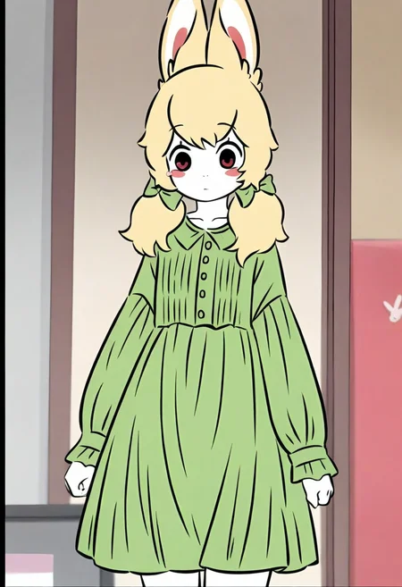<lora:xiaoyu:1>,xiaoyu,1girl,solo,furry female,black eyes,red eyes,blonde hair,twintails,hair bow,animal ears,white skin,
green dress,dress,long sleeves,green bow,, masterpiece,best quality,amazing quality,absurdres, anime screenshot,