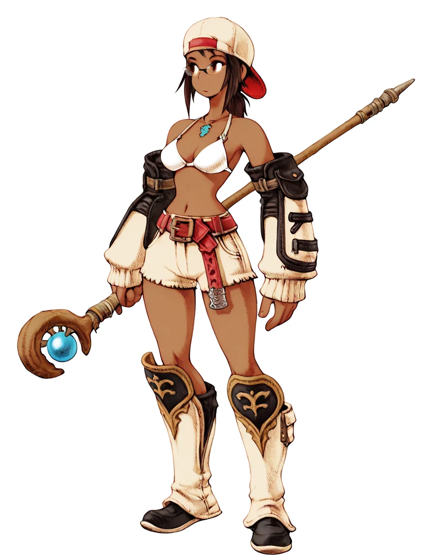 aija_bikini_top, white bikini top, aija_backward_cap, aija_detached_sleeves, aija_shorts, aija_accessories, aija_belt, aija_boots, necklace,  glasses, brown eyes, solo, shower, mage staff,(vivid high contrast colors), short cartoony simplistic art style mix, wakfu, (speedoru:0.6), (diives:0.7),
 <lora:Aijalon_FFXIV_OC_Solution_9_WHM:0.7>   <lora:Final_Fantasy_Tactics_for_Illustrious:1> fft_style
