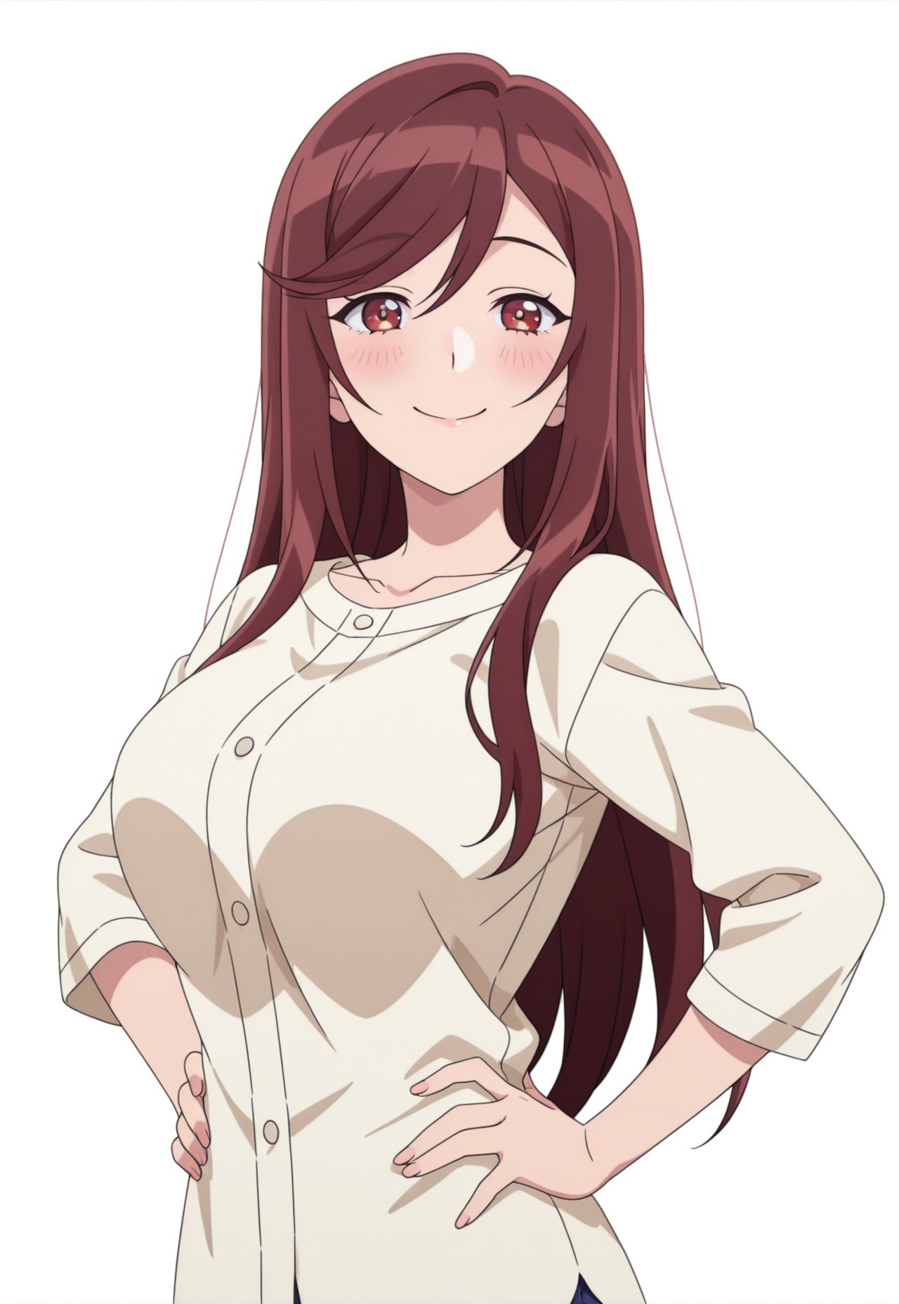 miyukisakuragi, 1girl, long hair, brown hair, red hair, red eyes, swept bangs, collarbone, dark blue pants, untucked shirt, anime screencap, big breasts,

masterpiece, best quality, high resolution, 

(white background), smile, blush, looking at viewer, hands on own hips, from side,