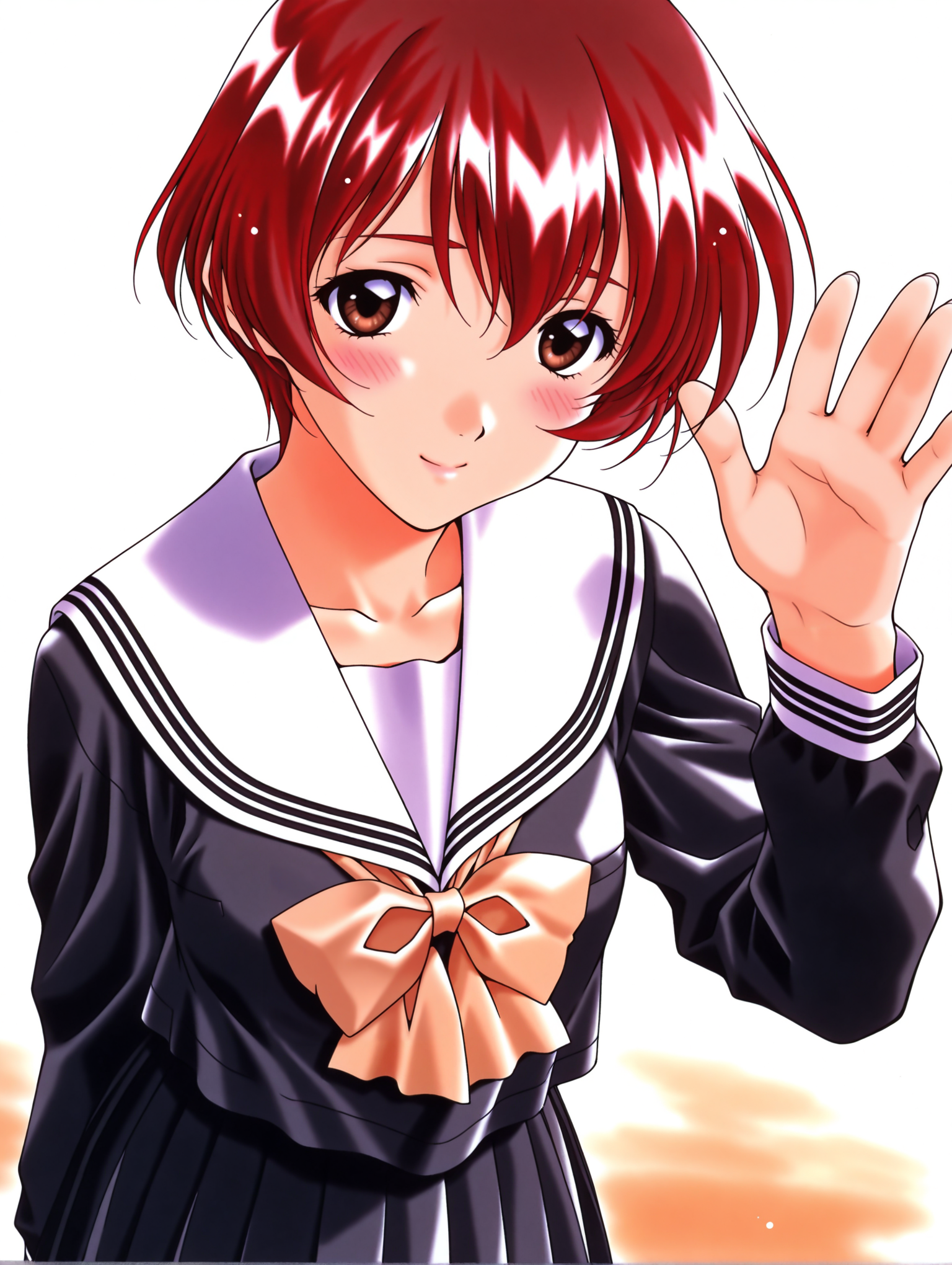 masterpiece,best quality,newest,
1girl,solo,
<lora:nanase_yuuilxl_v1.0:1>,n_yuu,short hair,red hair,brown eyes,y_clothes,black serafuku,long sleeves,pleated skirt,
<lora:Fixhands_anime_bdsqlsz_V1:1>,standing,waving,smile,light_blush,shy,embarrass,looking_at_viewer,dynamic_angle,cinematic_angle,white_background,simple_background,