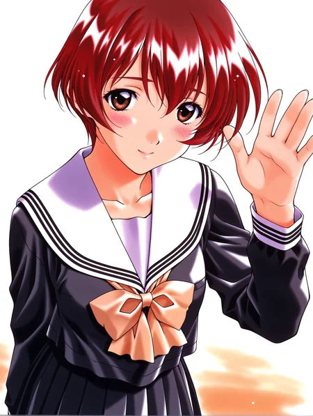 masterpiece,best quality,newest,
1girl,solo,
<lora:nanase_yuuilxl_v1.0:1>,n_yuu,short hair,red hair,brown eyes,y_clothes,black serafuku,long sleeves,pleated skirt,
<lora:Fixhands_anime_bdsqlsz_V1:1>,standing,waving,smile,light_blush,shy,embarrass,looking_at_viewer,dynamic_angle,cinematic_angle,white_background,simple_background,