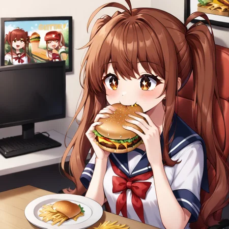 sitting, restaurant, joyful, sparkly eyes, 1girl, ronika, auburn-brown hair, long hair, twintails, sidelocks, auburn-brown eyes, medium-sized chest, serfuku, eating gurger, holdinf burger, dokaguiburger, fries