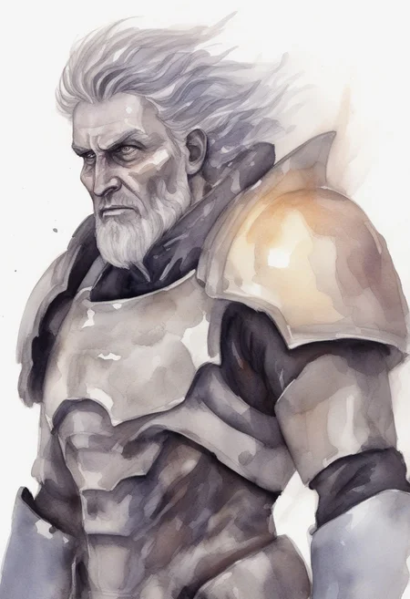 watercolor, watercolour,
Highly detailed and realistic fantasy character in a dramatic shot. Epic cinematic depiction of a very old Paladin in full power armor. He is bearded and his hair is going grey.