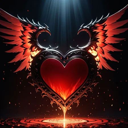 1 burning big red heart with white wings and black devil horns,
(masterpiece:1.2), (best quality:1.2), newest, ai-generated, ultra-detailed, best shadow, detailed background, high contrast, (best illumination, an extremely delicate and beautiful), ((cinematic light)), hyper detail, dramatic light, intricate details, 8k, anime, very aesthetic,