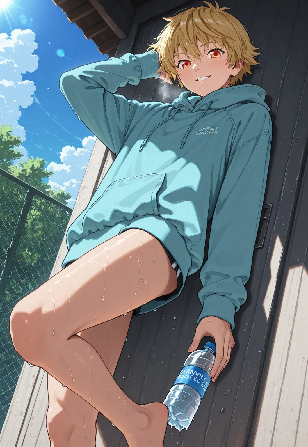 masterpiece, best quality, newest, absurdres, highres, detailed eyes, beautiful, detailed background, perfect eyes,
BREAK,
1boy, solo, male focus,,yukine_noragami, blonde hair, red eyes, orange eyes,
BREAK,
dynamic_angle, hoodie, 18 years old, dynamic pose, summer day, seductively looking at viewer, breath, smiling, barefoot, confident, standing, seductive, holding water bottle, wet, wetting self, hand in hair, from below,
BREAK,
masterpiece, best quality, amazing quality, very aesthetic, absurdres, newest, very awa,