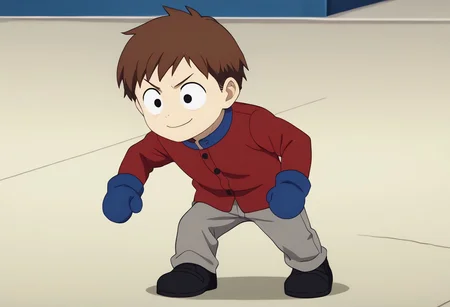 score_9, score_8_up, score_7_up BREAK ClydeSP, 1boy, short brown hair, black eyes, long-sleeved buttoned red shirt, blue collar, gray pants, black shoes, blue mittens, screenshot, official art, parody, anime footage, official design, screencap, anime screenshot, official screenshot, 2d, anime, source_anime, full body, solo, solo focus, smiling, relaxed,
