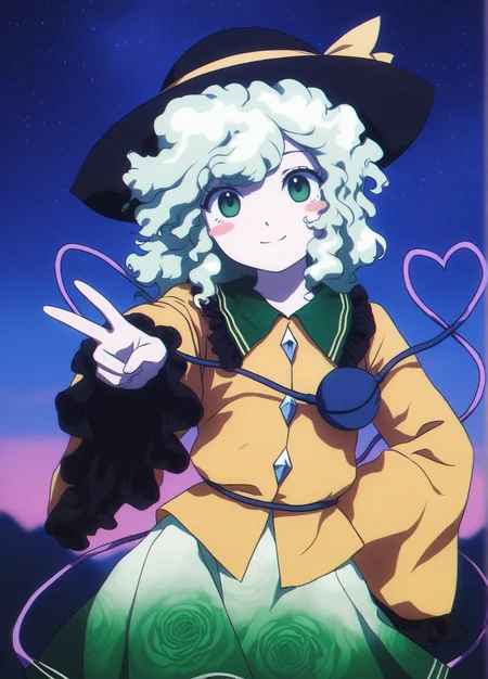 masterpiece, best quality, absurdres, GLSHS, delicate colors, partially illuminated, 1girl, komeiji koishi, black hat, hat, hat ribbon, green hair, wavy hair, curly hair, sanpaku, green eyes, smile, blush stickers, smile, third eye, heart of string, yellow shirt, collared shirt, frilled shirt collar, wide sleeves, frilled sleeves, diamond button, skirt, green skirt, upper body, looking at viewer, v, hand on own hip, contrapposto, outdoors, night sky, starry sky, <lora:classic_komeiji_koishi_r1:0.8> <lora:GLSHS-IL:0.8>