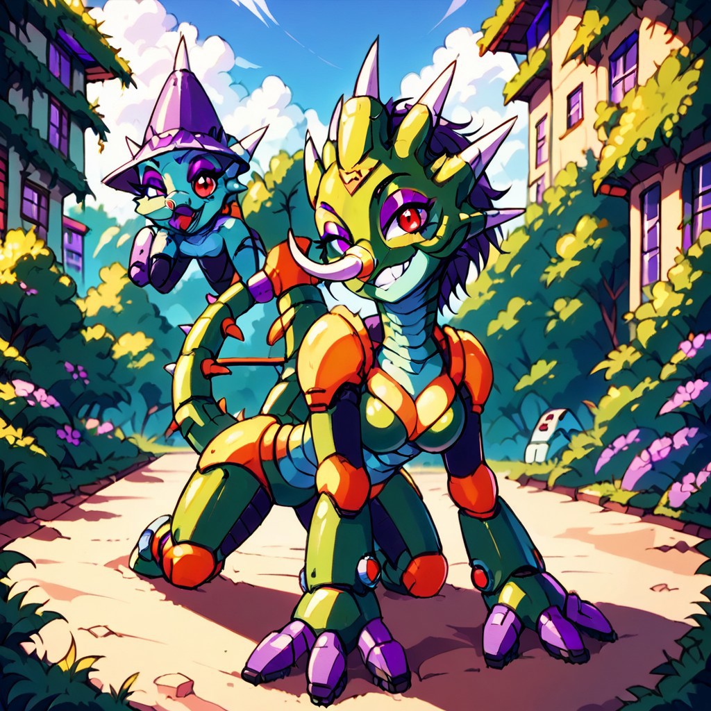 score_9, score_8_up, score_7_up, cowboy shot, source_furry, sting chameleon, mmx, red eyes, spikes on tail, green armor, reptilian, reptile, lizard, armored animal, maverick, robotic, female, genderbending, sexy, looking at viewer, (breasts:1.2), smug smile, feminine eyelashes, blue skies, 1girl, (purple eyeshadow:1.6), hair, chameleon form, Artifyber_style, kind, calm, cute pose, no human, solo, no hair