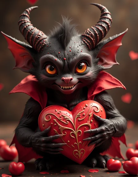 1qqq, 
A devilish imp creature, Heart shaped box of chocolates, valentines day, detailed, ultra-high resolution