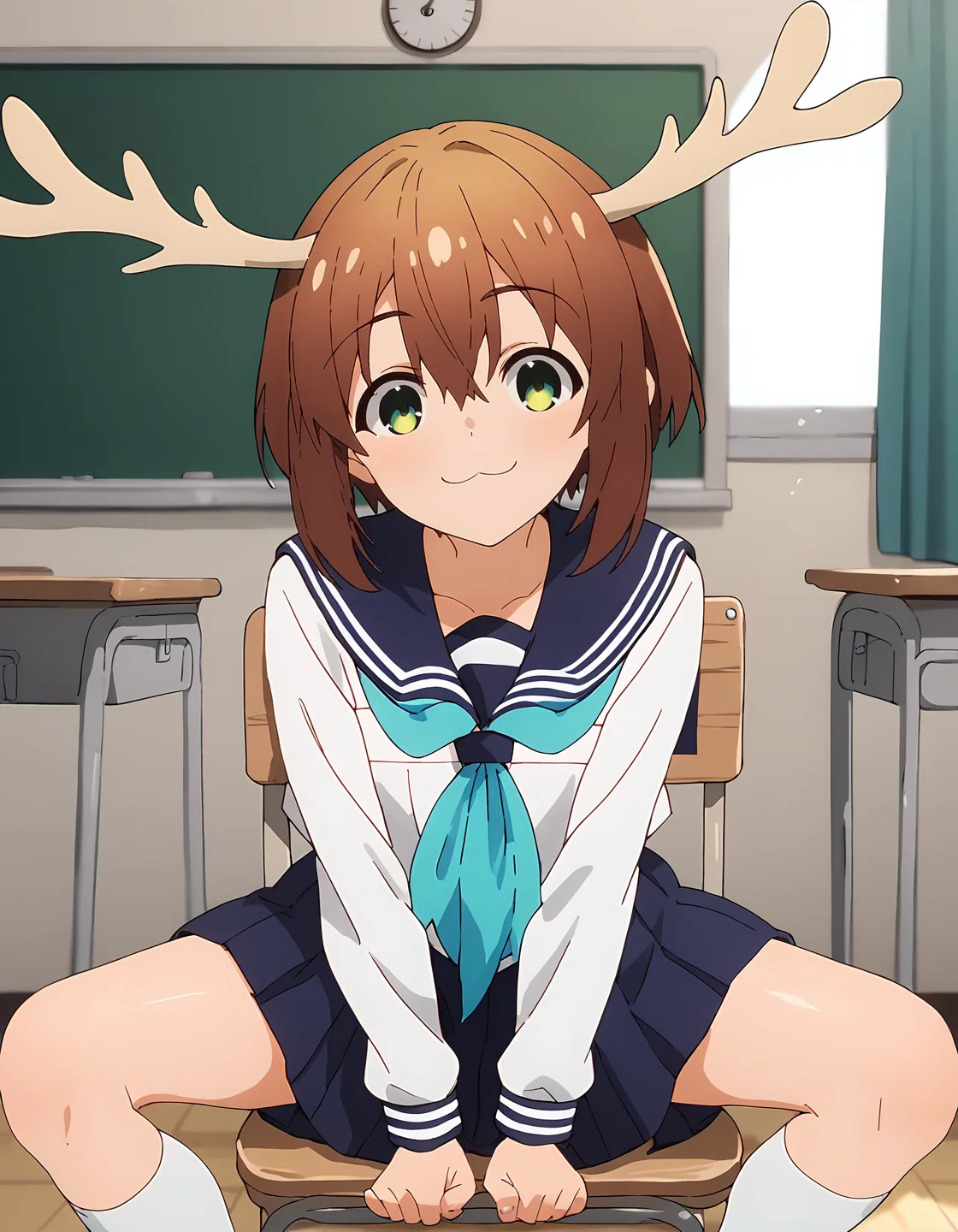 score_9, score_8_up, score_7_up, score_6_up, score_5_up, score_4_up, source_anime, <lora:Nokotan_T1V1:0.85>,
1girl, solo, anime screencap,
Nokotan_T1V1, brown hair, short hair, hair between eyes, green eyes, deer antlers,
school uniform, serafuku, white shirt, long sleeves, blue sailor collar, aqua neckerchief,
blue skirt, pleated skirt, white socks, kneehighs,
sitting, on chair, spread legs, hands between legs, leaning forward,
looking at viewer, :3, closed mouth, smile,
indoors, classroom, school chair,
