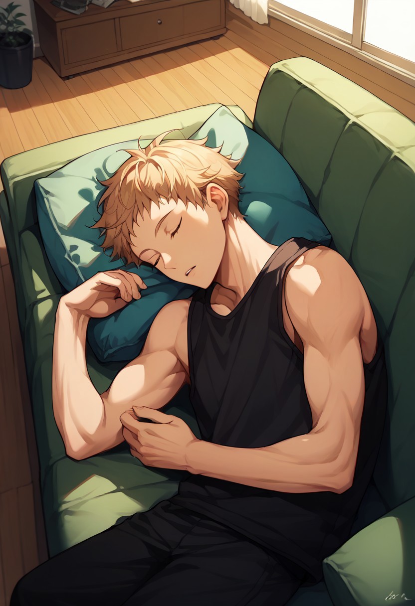 score_9, score_8_up, score_7_up, source_anime, rating_safe, hands with five fingers, Yakaikyu, 1boy, male focus, tank top, parted lips, lying, on side, couch, indoor living room, sleeping, hair strands,