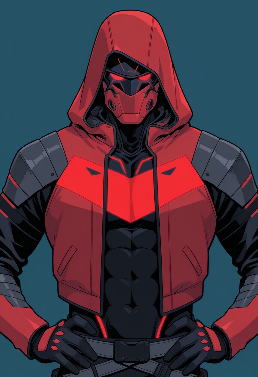 Blue background, simple background, solid color background, 2d, 1male, solo, RedHood_FS, insignia, Jacket, hood up, mask, red eyes, no pupils, glowing eyes, glowing insignia, black bodysuit, armor, Upper body, front view, hands on hip, looking at viewer