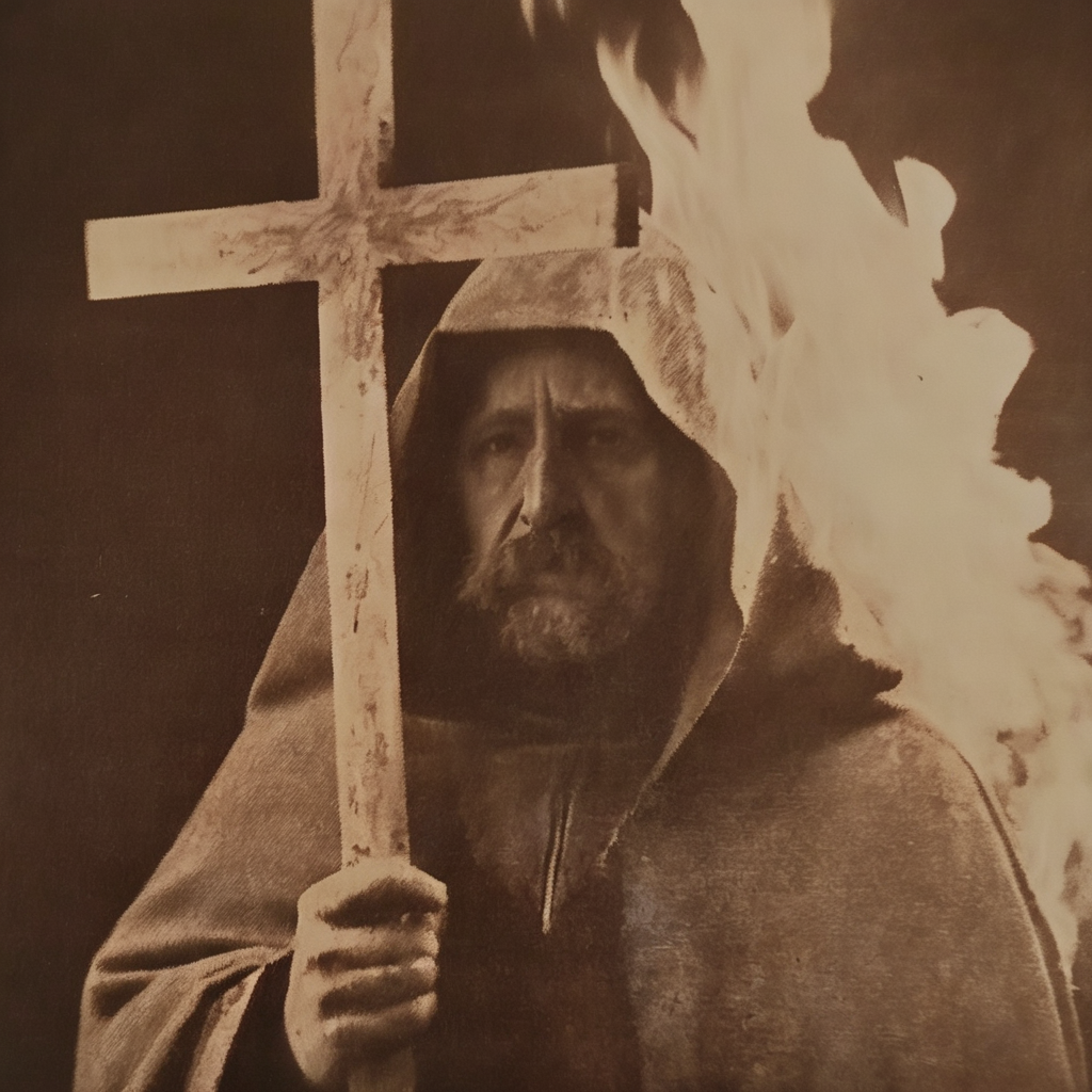 nostellum close-up of an inquisitor man in a cloak with a large cross, in the background burning sacrificial pyre , a burning persona<lora:nostellum:1>