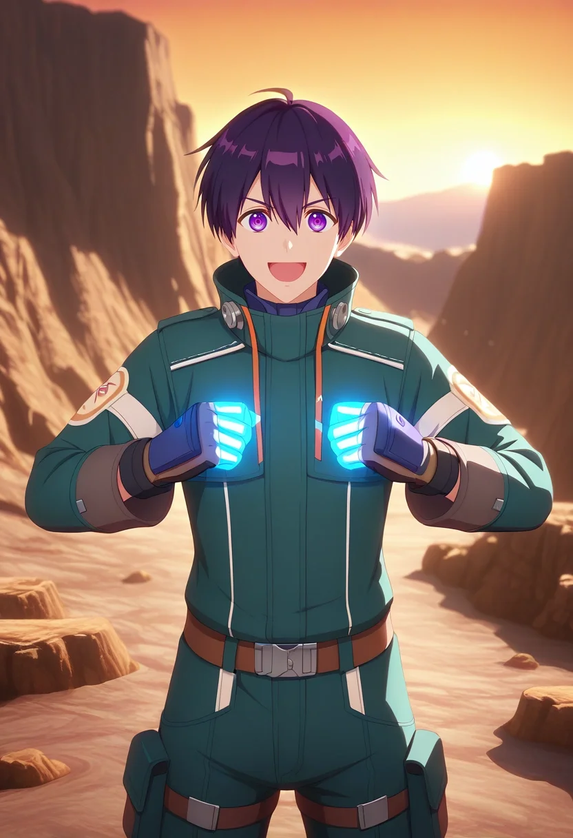 masterpiece, best quality, , (3d:0.4), looking at viewer, 1boy, solo, male focus, <lora:yuuki_izumi_ilxl:0.92>, yuuki_izumi, purple hair, purple eyes, short hair, bangs, hair between eyes, , scientific expedition, rugged terrain, glowing instruments, adventurous teammates, leading pose, excited expression, dawn horizon, ,