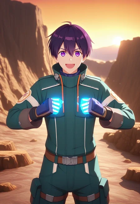 masterpiece, best quality, , (3d:0.4), looking at viewer, 1boy, solo, male focus, <lora:yuuki_izumi_ilxl:0.92>, yuuki_izumi, purple hair, purple eyes, short hair, bangs, hair between eyes, , scientific expedition, rugged terrain, glowing instruments, adventurous teammates, leading pose, excited expression, dawn horizon, ,