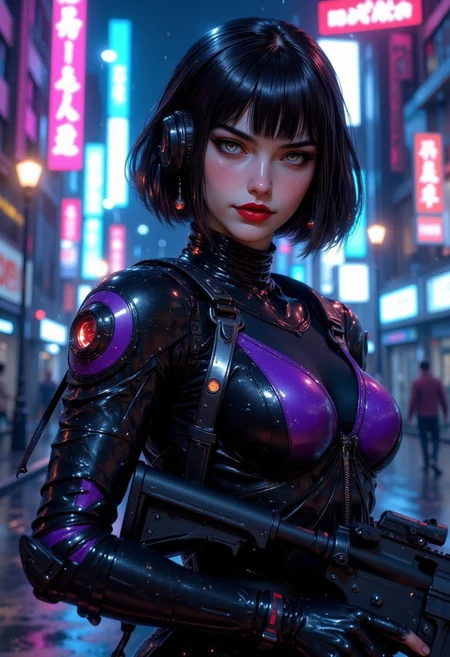 best quality, masterpiece, cyberpunk goth girl, short straight-cut bob, bangs, dark eyeshadow, red lips, headset, purple and white power armour, black bodysuit, assault rifle, on a cyberpunk street at night, neon signs, heavy rain, wet, wet hair, wet skin, wet clothes, bokeh, vibrant, surreal colours, High Definition HD, High Detail, Perfect Composition, mythp0rt