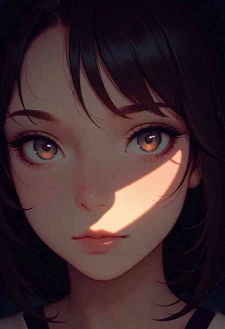 masterpiece, best quality, amazing quality, very aesthetic, flat colors, (artist:Tsuaii:1),
1girl, close up portrait, eye focus, looking at viewer,
Dark lighting, shadow, light,