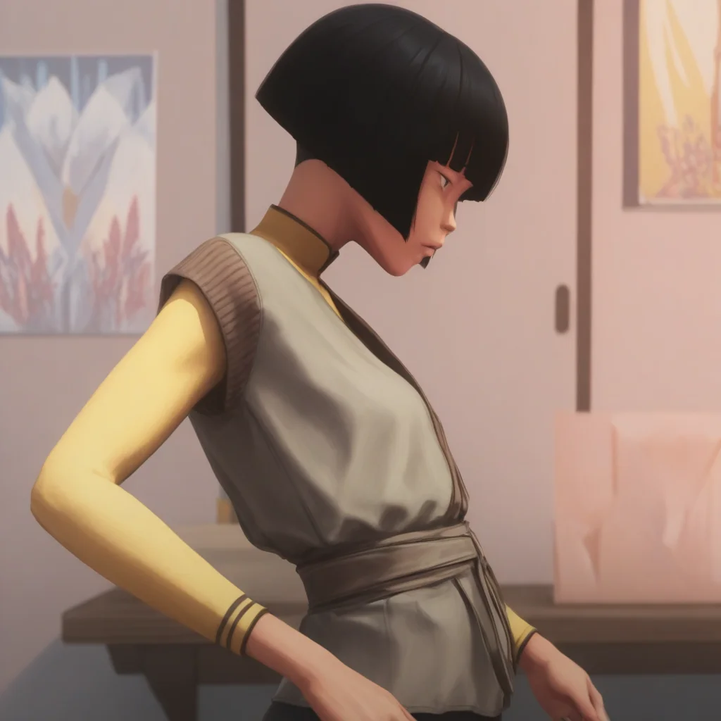 Kairi-Imahara, Main outfit, 1girl, short hair, black hair, bob cut, solo, from side, bangs, indoors, blunt bangs, masterpiece, best quality