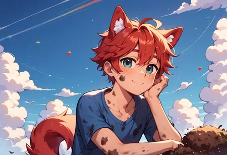 score_9,score_8_up,score_7_up, 1boy, anthro canine humanoid hybrid with red fur, freckles, petite, twink, dog ears, red tail, red hair, fluffy, cute, adorable, petite, clothed, kids, making a mess, dirty, playing in dirt, anatomically correct, masterpiece, negative_hand, source_anthro, rating_safe
