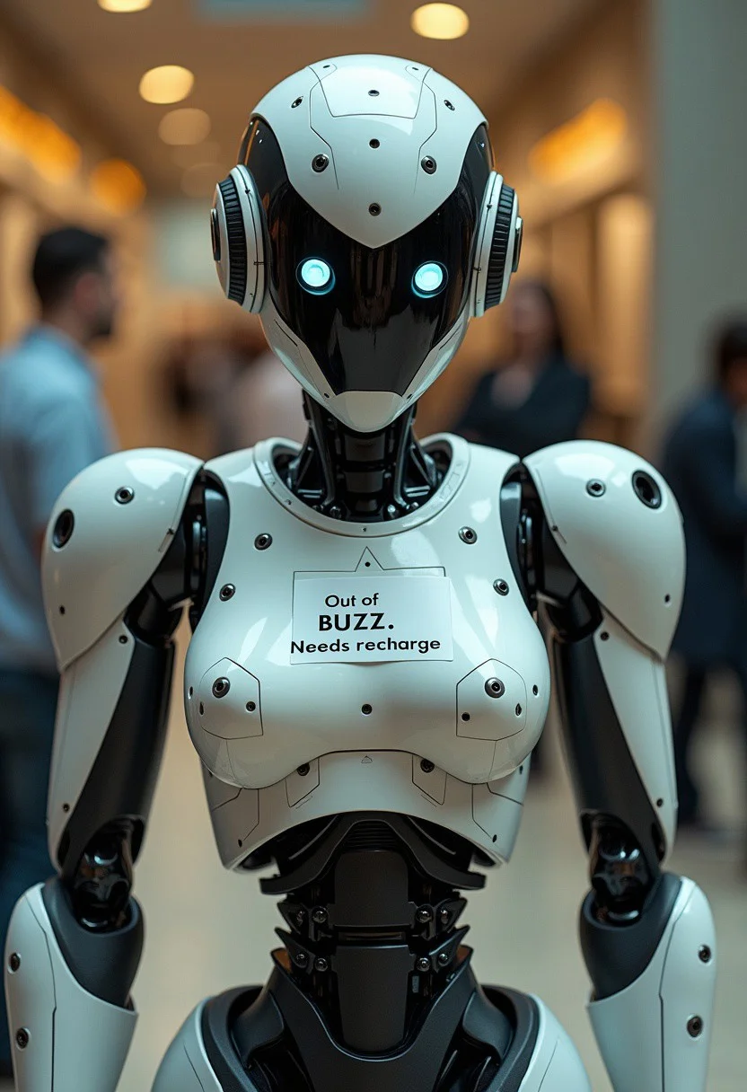 A deactivated robot woman with a sign that texts: "Out of BUZZ. Needs recharge.”