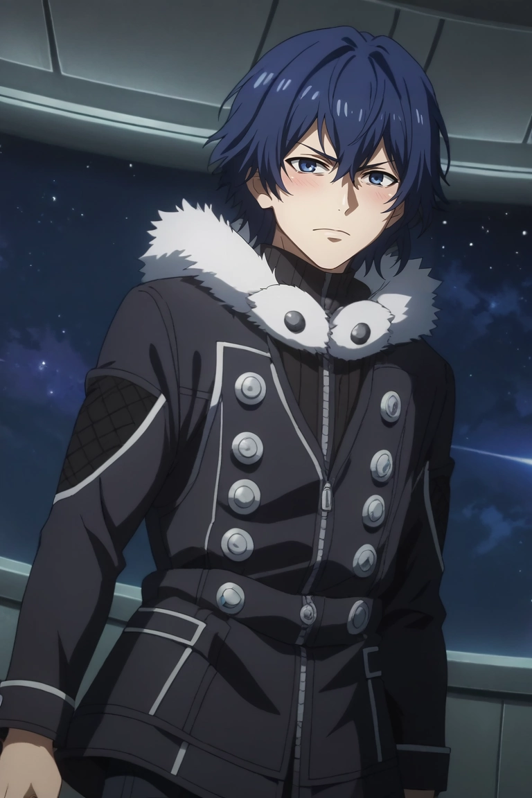 score_9, score_8_up, score_7_up, source_anime, rating_safe, intricate details, anime screencap, , official style, looking at viewer, , 1boy, solo, male focus, <lora:ayato_kirishima_pony:1>, ayato_kirishima, blue hair, blue eyes, hair between eyes, fur trim, mask, wide angle, wide shot, cowboy shot, space, planets, indoors, light, standing on one leg, shy, blush, , <lora:sdxl_lightning_8step_lora:1>