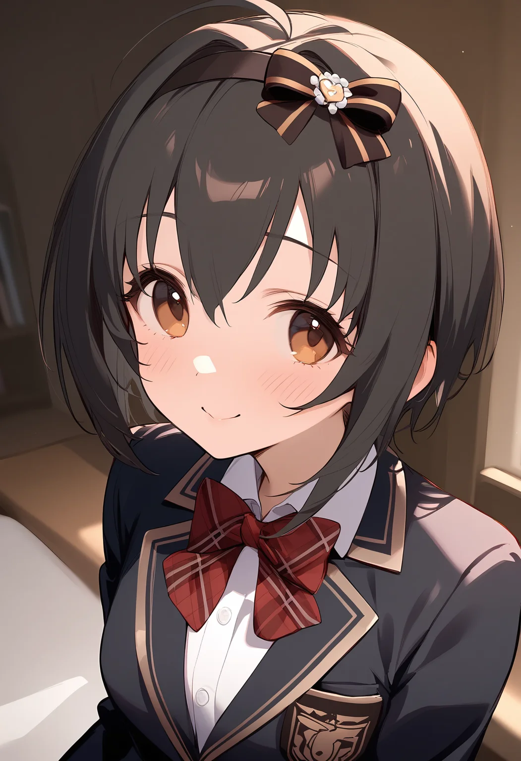 1girl,blush,kohinata miho,looking at viewer,plaid bowtie,school uniform,upper body,white shirt,blazer,hair bow,hairband,red bowtie,smile,solo,closed mouth,collared shirt,long sleeves,indoors,<lora:a31_char_new_kohinata_miho-000024:1>masterpiece, best quality, absurdres<lora:a31_style_koni-000010:0.8>