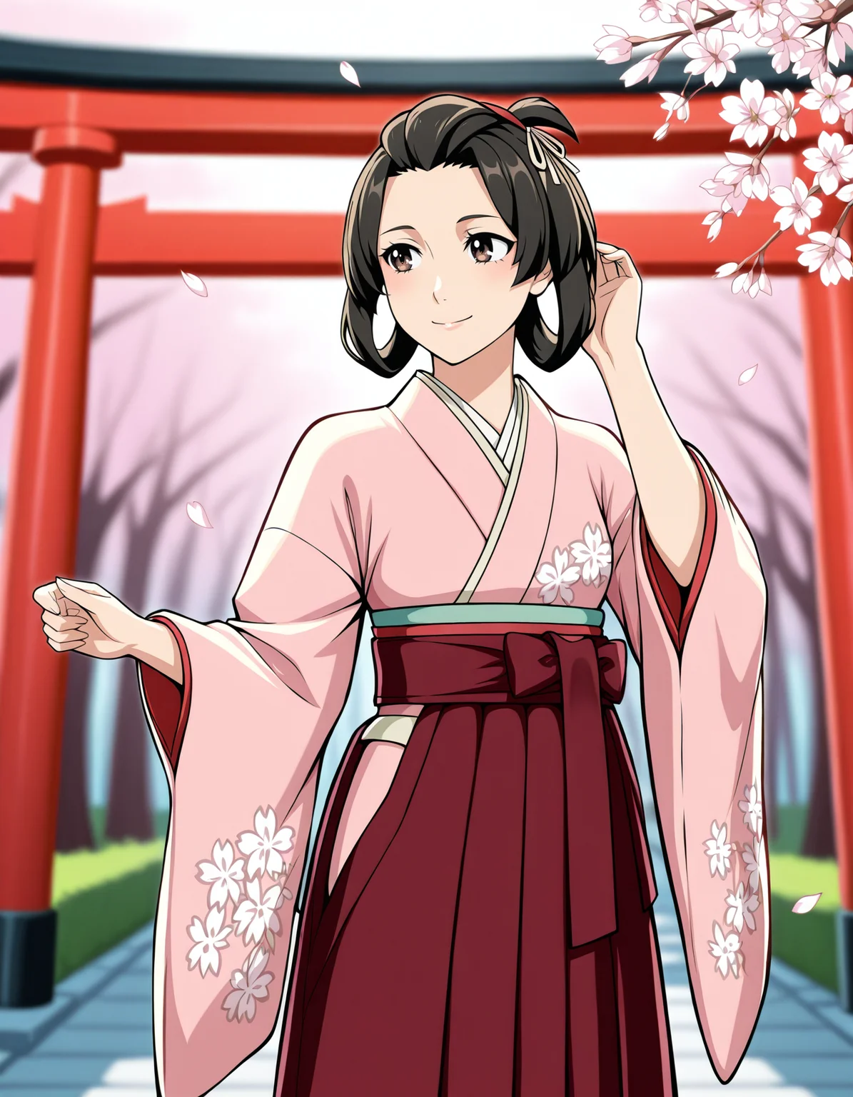 <lora:susato-and-gina-gyakuten-illustrious-000015:1> susato mikotoba, black hair, brown eyes, japanese clothes, red hakama, hakama skirt, pink kimono, wide sleeves
1girl, solo, looking to the side, hand in own hair, smile, cherry blossoms, torii, falling petals, outdoors, blurry background