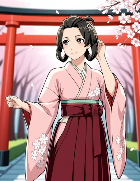 <lora:susato-and-gina-gyakuten-illustrious-000015:1>  susato mikotoba, black hair, brown eyes, japanese clothes, red hakama, hakama skirt,  pink kimono, wide sleeves
1girl, solo, looking to the side, hand in own hair, smile, cherry blossoms, torii, falling petals, outdoors, blurry background