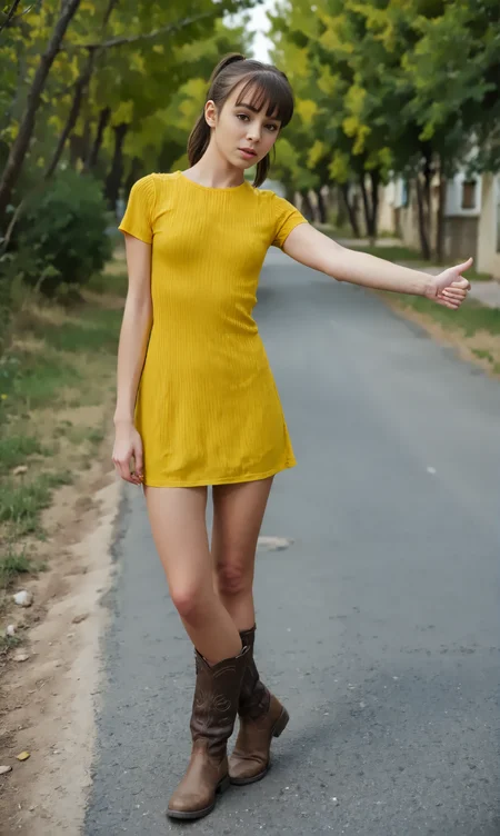 HiHike, (slim woman) standing at a street. The woman wears yellow short dress, boots and has short brunette ponytail <lora:Hitchhike:1>