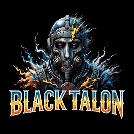 ("BLACKTALON" text logo:1.3) Zombie soldier wearing a biohazard gas mask, black and gold filigree, navy and gold vapor swirls, black background <lora:Harrlogos_v2.0:0.8>