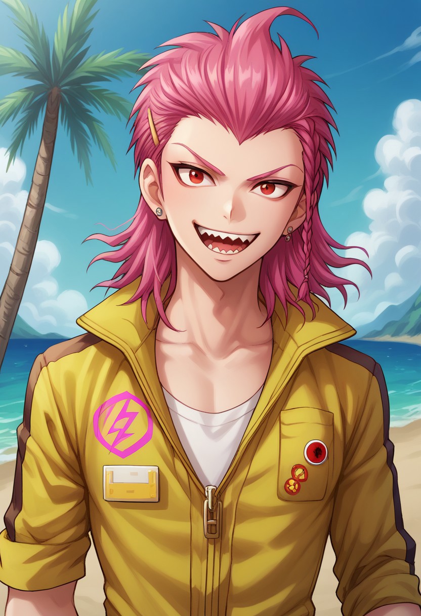 score_9, score_8_up, score_7_up, source_anime, highly detailed, 
kazuichi, 1boy, jumpsuit, male focus, teeth, solo, pink hair, sharp teeth, braid, red eyes, smile,
side braid, medium hair, collarbone, open mouth, bangs, belt, looking at viewer,
upper body, shirt, earrings,
outdoor, palm tree, ocean, day