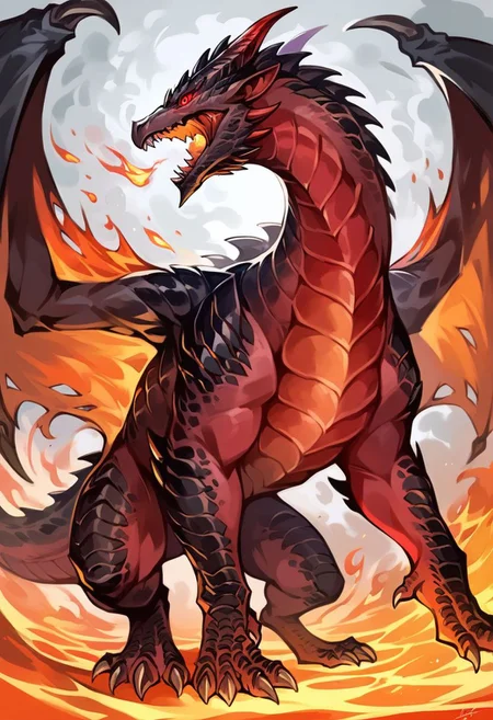 score_9, score_8_up, score_7_up, source_anime, Massive Fire Elemental dragon, feral dragon, Red skin, black scales, in all fours, roaring, bipedal legs, tattered wings, glowing red eyes, lava background, (fire breathing:1.1), (detailed image, high resolution, 5k resolution:1.0), (fantasy art style, anime art style:0.90)