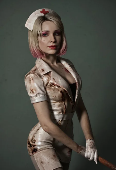 score_9, score_8_up, score_8_up, 1girl, 1girl, solo, SH2R_Mary, blonde hair, short hair, multicolored hair, pink dyed tips, blue eyes, makeup, pink eyeshadow, magenta lipstick, butterfly tattoo on her chest, glowing pink eyes, (nurse, white gloves,pantyhose, holding pipe, nurse hat) showing off her body, eye contact, arching back, fit body
