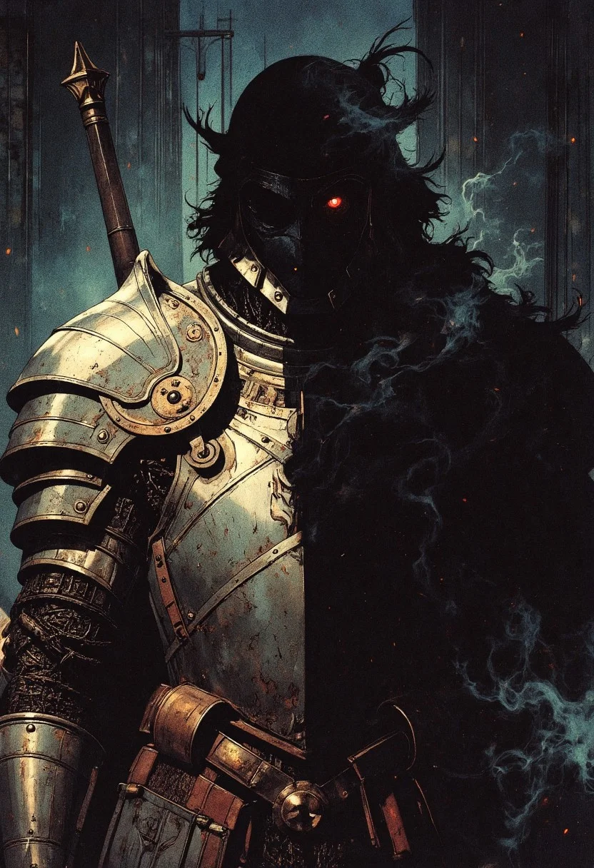 Retro dark fantasy, inspired by classic 80s fantasy illustrations with heavy grain, muted metallic tones, and deep shadows. The armor is rough, battle-worn iron with intricate engravings, glinting under dim, cold light. The palette consists of aged silver, dark steel, and muted crimson, with eerie, subtle highlights from an unseen flickering torchlight.
A dramatic half-body portrait, heavily asymmetric. One side of the frame reveals the iron-clad King's Guard, his armor imposing and weighty, layered with thick plates and dark chainmail. His helmet is adorned with a ridged crest, obscuring most of his face except for a single, piercing eye that reflects the dim light. The other half of the frame is swallowed in absolute pitch-black shadow, consuming his form as if he is vanishing into darkness. The division is stark, making the contrast between presence and absence feel almost supernatural—does he stand at the threshold of reality itself, or is something lurking in the void beside him?