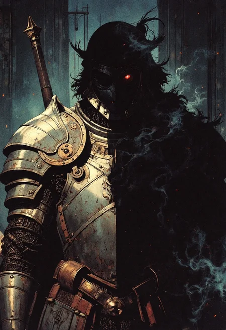 Retro dark fantasy, inspired by classic 80s fantasy illustrations with heavy grain, muted metallic tones, and deep shadows. The armor is rough, battle-worn iron with intricate engravings, glinting under dim, cold light. The palette consists of aged silver, dark steel, and muted crimson, with eerie, subtle highlights from an unseen flickering torchlight.
 A dramatic half-body portrait, heavily asymmetric. One side of the frame reveals the iron-clad King's Guard, his armor imposing and weighty, layered with thick plates and dark chainmail. His helmet is adorned with a ridged crest, obscuring most of his face except for a single, piercing eye that reflects the dim light. The other half of the frame is swallowed in absolute pitch-black shadow, consuming his form as if he is vanishing into darkness. The division is stark, making the contrast between presence and absence feel almost supernatural—does he stand at the threshold of reality itself, or is something lurking in the void beside him?