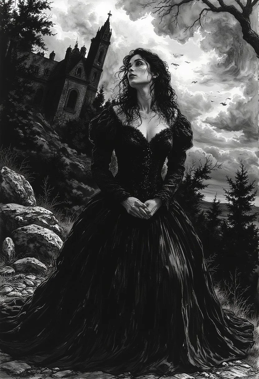 death of innocence goth woman praying, crying, floating in the sky, crucible, black and grey lace gown, expansive, fog, Dorian Cleavinger, hyperrealism, digital illustration, fantastical, hyperdetailed, meticulously detailed, dramatic, atmospheric, 8k resolution, hyperrealism, digital illustration, concept art, dynamic lighting, Gerald Brom, Moebius, H.R. Giger, WLOP, sharp focus, romanticism, brilliant, stunning, intricate, maximalist digital matte painting