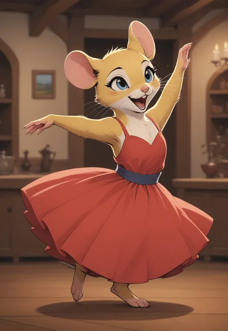 score_9, score_8_up, score_7_up, score_6_up, score_5_up, score_4_up, m0use_maximilla, in the style of Beatrix Potter, (yellow fur, blue eyes:1.5), (cute), (feral), sleeveless red dress, indoors, cottage, (dancing, dynamic pose:1.8), (depth of field, blurry background:1.5), close up,
