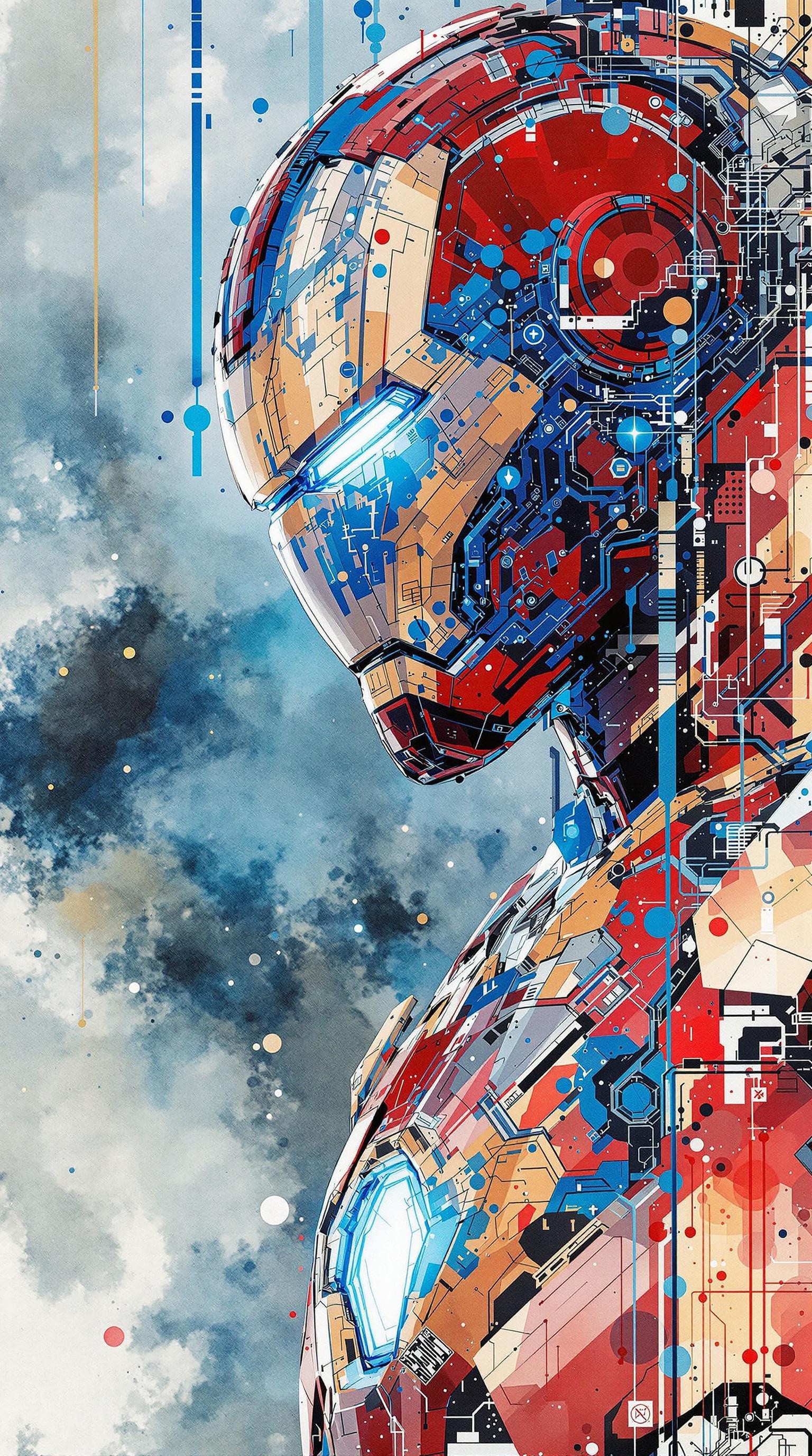 Iron Man, urban Comics, blue ornaments, Marvel, sci fi, highly technology, iconographic, glitch background, , watercolor, ink, mist, interactive image, highly detailed, art style by Clayton Crain + Ross Tran + Rachel Walpole + Jeszika Le Vye + Dan Volbert + Simon Stalenhag + Brian Stelfreeze