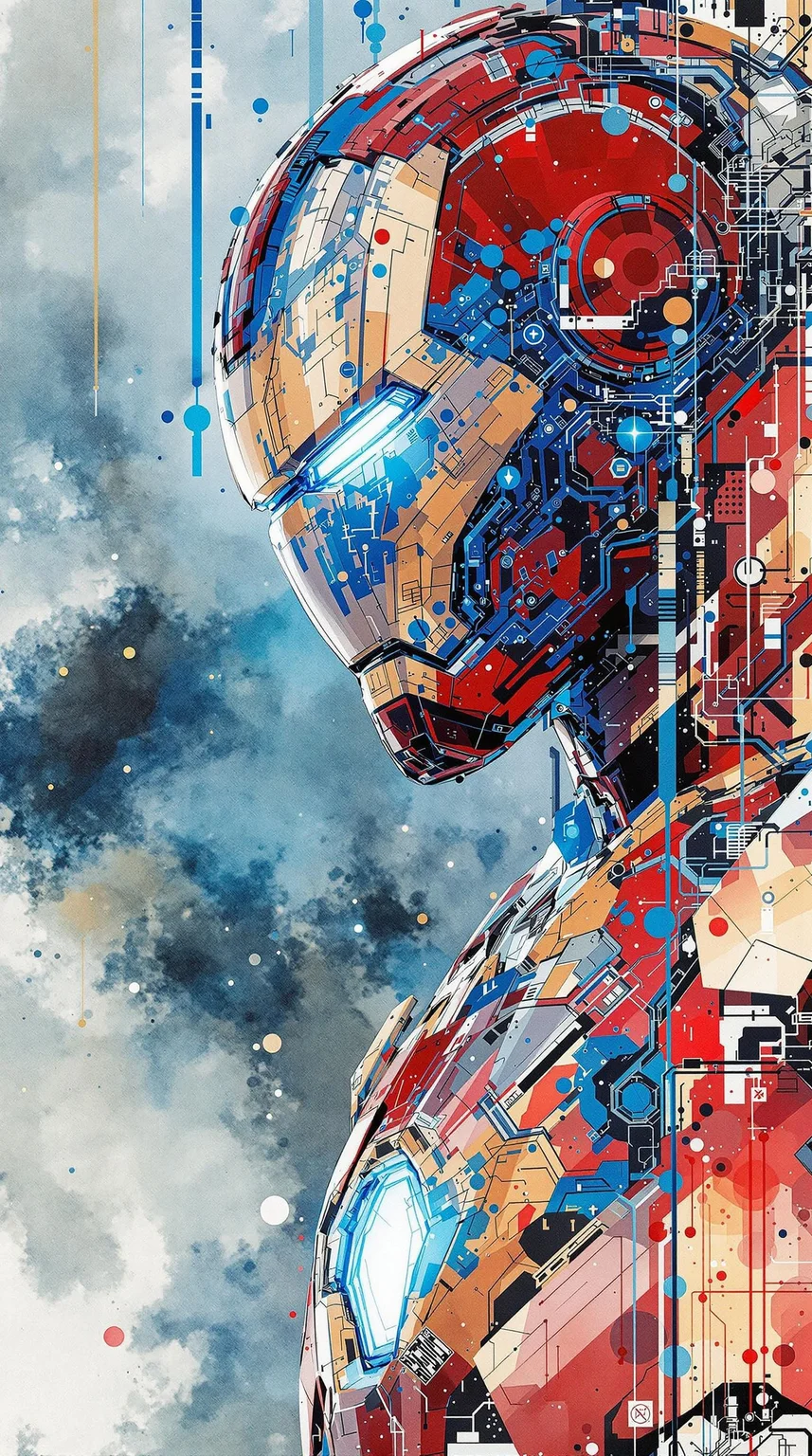 Iron Man, urban Comics, blue ornaments, Marvel, sci fi, highly technology, iconographic, glitch background, , watercolor, ink, mist, interactive image, highly detailed, art style by Clayton Crain + Ross Tran + Rachel Walpole + Jeszika Le Vye + Dan Volbert + Simon Stalenhag + Brian Stelfreeze