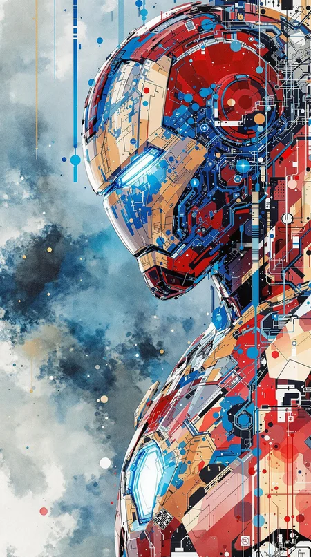 Iron Man, urban Comics, blue ornaments, Marvel, sci fi, highly technology, iconographic, glitch background, , watercolor, ink, mist, interactive image, highly detailed, art style by Clayton Crain + Ross Tran + Rachel Walpole + Jeszika Le Vye + Dan Volbert + Simon Stalenhag + Brian Stelfreeze