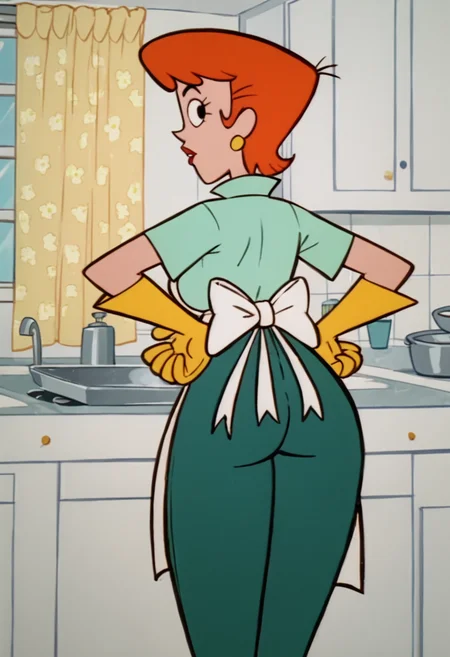 <lora:DextersMomPony1.0:0.8>DextersMom, 1girl, solo, earrings, hands on hips, apron, short hair, aqua shirt,rubber gloves, green pants, large breasts,kitchen,curtains, ass, score_9, score_8_up, score_7_up, score_6_up, score_5_up, score_4_up, looking at viewer,
