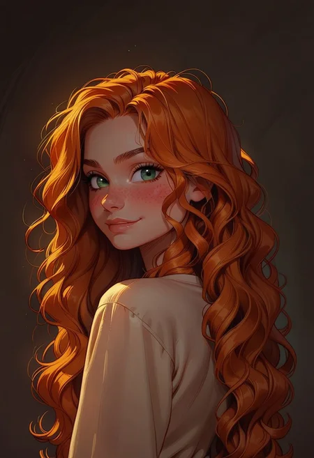 safe_pos, score_9, score_8_up, score_7_up, score_6_up, source_anime, 1girl, cutest girl in the world, orange hair, long hair, wavy hair, green eyes, freckles, sexy eyes, white shirt, inviting, naughty smile, suggestive, alluring, cute, big eyes, looking back, looking a viewer, from behind, blushing, curvy, smirk, portrait, detailed drawing, partially illuminated, rim light, wide hips, narrow waist, s1_dram,