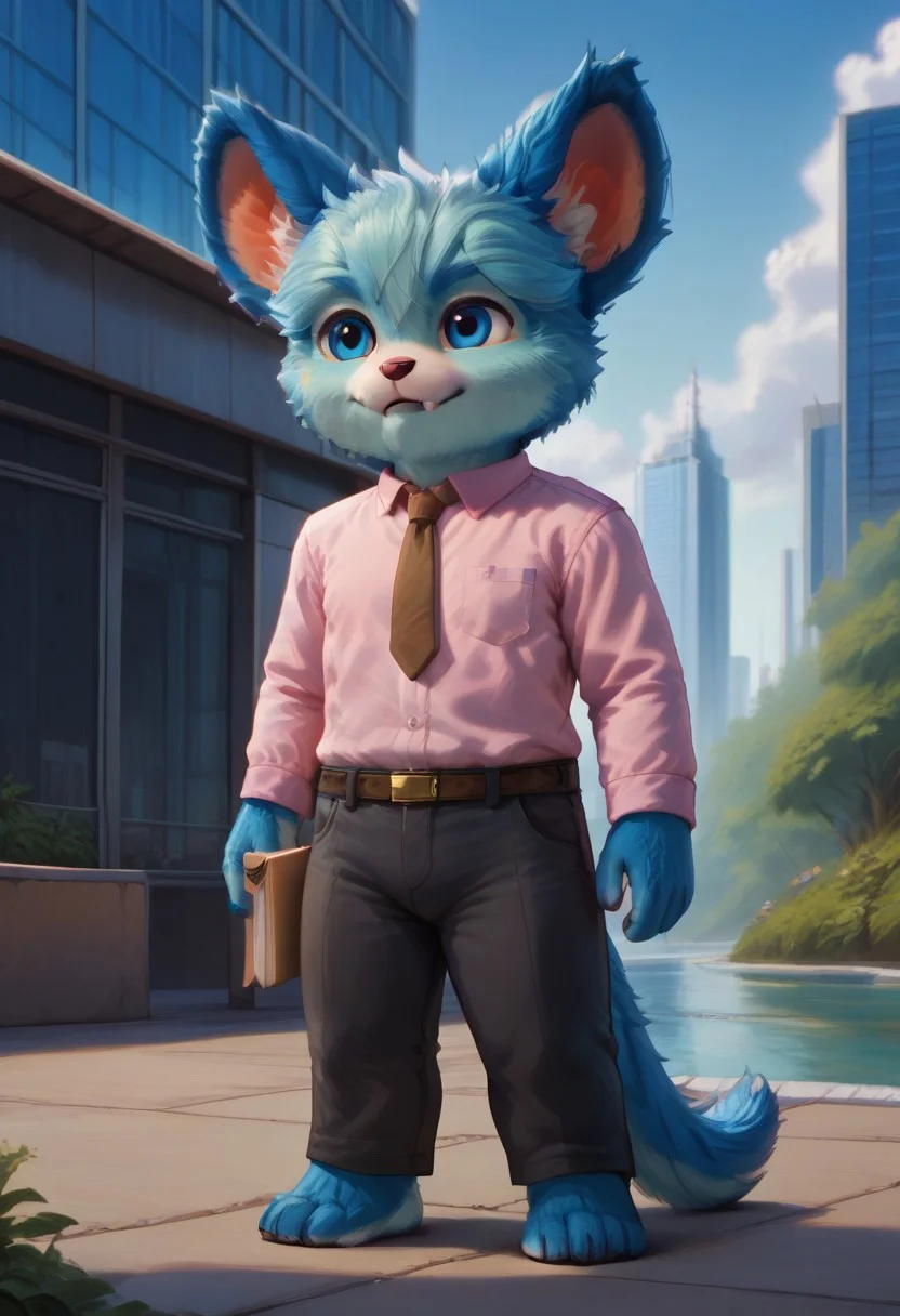 (((Barefoot furry character, full body, cinematic setting, furry male, plantigrade)))
(((nubs_pooba))) dressed as (((businessman))), standing before (((modern glass and steel office building))), (((wearing pink shirt with brown necktie and long black pants))), stern, strict, ((arrogant))), blue fur, blue eyes, round ears, two little fangs, holds paper plates. semi-realistic animation
BREAK, intricate details, highly detailed, extreme detail, octane render, fine art, best quality, highres, (detailed face:1.5), ((full_body)), UHD, (((perfect hands))), ((low light:1.5))