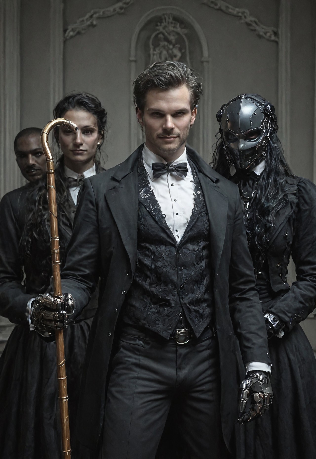 Doctor Man, Victorian, gangster, brutal, mask, elegant pose, shirt, black pants, cane, smirk, cyborg, soft colors, bright light, masterpiece, contour light, aidmafluxpro1.1, artist:moriimee, XUER guangying, ma1ma1helmes_b_illu,sketch
