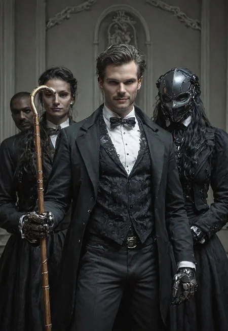 Doctor Man, Victorian, gangster, brutal, mask, elegant pose, shirt, black pants, cane, smirk, cyborg, soft colors, bright light, masterpiece, contour light, aidmafluxpro1.1, artist:moriimee, XUER guangying, ma1ma1helmes_b_illu,sketch