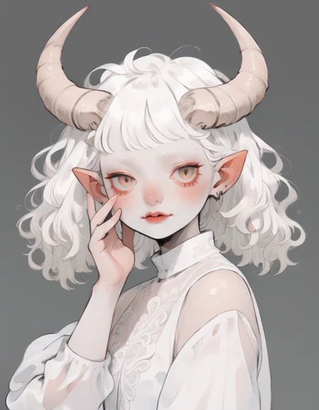 cute comic, albino demon girl with lethargic sleepy smokey eyes (waving:1.3) at the camera, white curls, mesh fishnet blouse, (long intricate horns:1.2) <lora:pale_demon:0.8> <lora:sdxl_cute_social_comic:1>