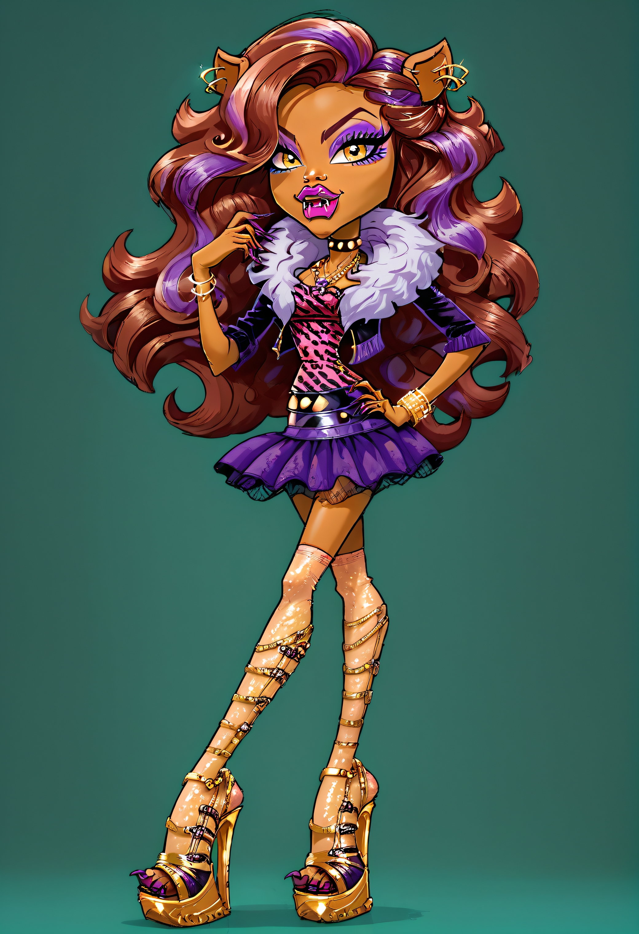 score_9, score_8_up, score_7_up, score_6_up,  , <lora:Clawdeen_-_Monster_High_PONY_XL:1>, clawdeen, yellow eye, purple eyeshadow, fangs, claws, animal ear, ear piercing, full lips, plumps lips, 1girl, solo, animal ears, makeup, eyeshadow, jewelry, long hair, dark skin, skirt, dark-skinned female, high heels, platform footwear, green background, purple hair, earrings, platform heels, yellow eyes, bracelet, hand on hip, simple background, fashion, full body, brown hair, lipstick, purple eyeshadow, very long hair, furry female, eyeliner, leopard print, looking at viewer, fur-trimmed jacket, jewelry, ear piercing, purple miniskirt, animal print shirt, makeup, thighhighs, eyeshadow, fangs, claws,