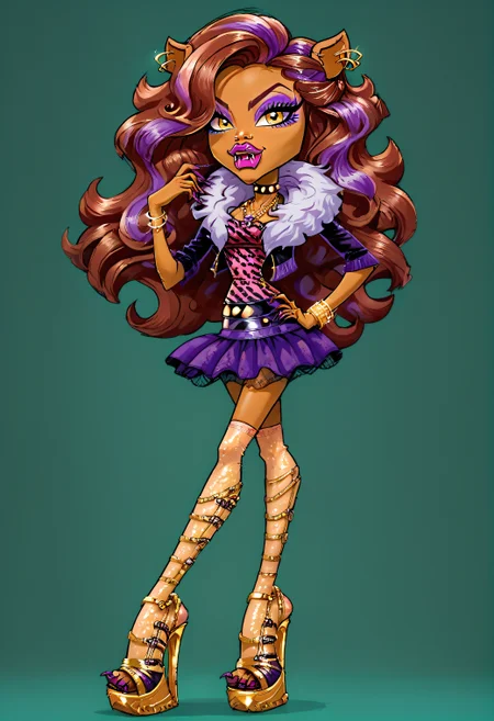 score_9, score_8_up, score_7_up, score_6_up,  , <lora:Clawdeen_-_Monster_High_PONY_XL:1>, clawdeen, yellow eye, purple eyeshadow, fangs, claws, animal ear, ear piercing, full lips, plumps lips, 1girl, solo, animal ears, makeup, eyeshadow, jewelry, long hair, dark skin, skirt, dark-skinned female, high heels, platform footwear, green background, purple hair, earrings, platform heels, yellow eyes, bracelet, hand on hip, simple background, fashion, full body, brown hair, lipstick, purple eyeshadow, very long hair, furry female, eyeliner, leopard print, looking at viewer, fur-trimmed jacket, jewelry, ear piercing, purple miniskirt, animal print shirt, makeup, thighhighs, eyeshadow, fangs, claws,
