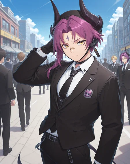 masterpiece,best quality,amazing quality, newest, very aesthetic, absurdres,
1boy, solo, yaoi, male focus, looking at viewer, cowboy shot, standing,
<lora:Veigas_T_Hidden_Street_ilxl:1> veigaststreet, black horns, purple hair, yellow eyes, bandaid on nose, forehead tattoo, eyebrow piercing, parted bangs,short hair with long locks, asymmetrical hair, demon horns,
formal, tuxedo, neck ribbon, white shirt, collared shirt, black pants, shoes, black footwear, suit jacket, black jacket,
outdoors, day, blue sky, building, people,